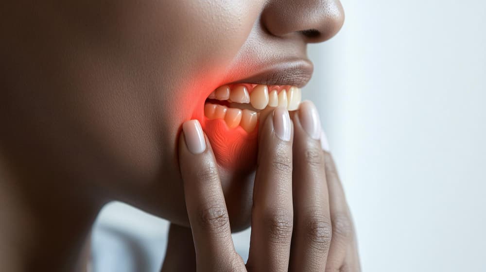 Closeup of person clutching painful jaw in bedroom setting.